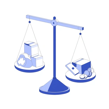 A balance scale is positioned at the center of the image. On one side of the scale, there are various goods, including a loaf of bread, a carton of milk, and a box of fruits, neatly arranged. On the opposite side, there is a stack of coins and several banknotes placed, indicating wealth. The scale is perfectly balanced, showcasing the relationship between goods and money. The base of the scale is sturdy, adding to the overall sense of stability in the composition.