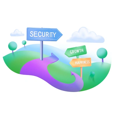 A modern pastel illustration of a roadmap winding through a lush landscape. The roadmap features three distinct signs, each pointing in different directions. One sign displays the word "Security" in bold letters, another sign shows the word "Growth", and the last sign indicates "Happiness". Each sign is brightly colored: the "Security" sign is blue, the "Growth" sign is green, and the "Happiness" sign is yellow. The background includes gentle hills, trees, and a clear blue sky, creating a serene environment surrounding the roadmap.