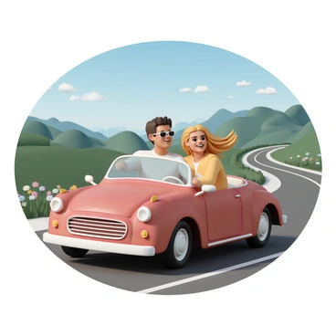 Two friends, a man and a woman, are driving in a red convertible car along a winding scenic route. The man has short brown hair and is wearing sunglasses, while the woman has long wavy blonde hair flowing freely in the wind. They are both smiling broadly, enjoying the journey. The background features lush green hills and a clear blue sky, enhancing the feeling of freedom. There are distant mountains visible, and wildflowers bloom along the roadside, adding vibrant colors to the landscape.