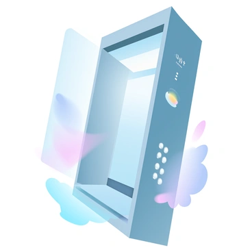An express elevator with a sleek, futuristic design is ascending rapidly within a tall, modern building. The elevator features smooth, metallic panels and an illuminated control panel with glowing buttons. The metallic interior reflects the ambient light from the sleek surroundings. Through the transparent glass walls, a blur of gradient pastel colors from the building's exterior and the cityscape outside can be seen, suggesting high speed. Above the elevator, a digital display shows the rapidly changing floor numbers.