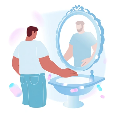 A person is standing in front of a large, ornate mirror. The individual is dressed in casual clothing, with their hands resting on the edge of a sink. The mirror reflects the person, but instead of a clear image, it displays a shadowy, distorted figure that represents their struggle with addiction. Various empty bottles and pills are scattered around the sink, hinting at the turmoil beneath the surface. A soft light casts a warm glow in the room, creating a contrast between the person and their reflection.