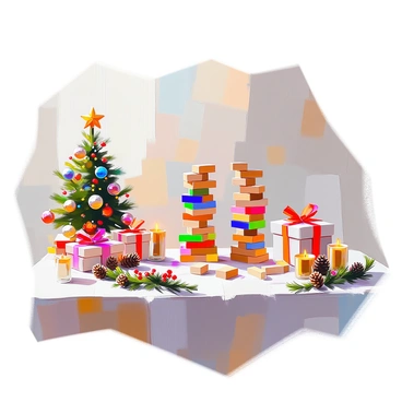A festive Jenga game set up on a wooden table, with colorful wooden blocks stacked precariously. The game is surrounded by an array of holiday decorations including a small evergreen tree adorned with shiny ornaments and a string of twinkling lights that casts a warm glow. Nearby, there are wrapped gifts with vibrant ribbons, and a garland of pinecones and berries drapes elegantly across the table. A few decorative candles flicker gently, adding to the cheerful atmosphere of the holiday gathering.