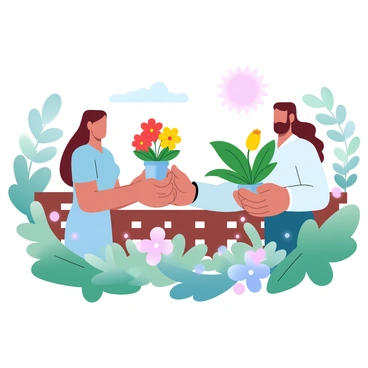 Two neighbors are exchanging potted plants and flowers in a colorful garden surrounded by lush greenery. One neighbor is handing over a brightly blooming flower pot filled with red and yellow blossoms, while the other is presenting a vibrant green plant with broad leaves. The garden is scattered with various flowering plants, creating a picturesque scene. A wooden fence separates their gardens, and the sun casts a warm glow over the entire setting, highlighting the vivid colors of the plants.