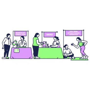 A group of visitors is exploring various stalls at an NHS health and wellness expo. To the left, a stall displays colorful brochures about healthy eating, with a representative explaining the information to two interested attendees. In the center, a table offers free health screenings, with a nurse using a blood pressure monitor on a participant. To the right, there is a demonstration area where a yoga instructor is showing basic poses to a small audience seated on mats. Banners hang above each stall, featuring health-related messages. The atmosphere is lively, with people engaging and exchanging information.