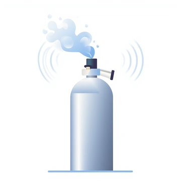 A metallic gas canister with a shiny silver surface is depicted in the center of the image. The canister has a black nozzle from which a stream of gas is emerging, illustrated as wisps of blue and white vapor. Surrounding the nozzle, small droplets of gas are visible, creating a billowing effect. The canister is resting on a flat surface, and there are faint circular pressure waves emanating from the point of gas release, suggesting movement and dispersal of the vapor in the air around it.