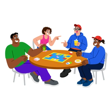 A group of four friends sitting around a round wooden table, all laughing and having fun. The first friend, wearing a green T-shirt, is leaning back with a wide grin, holding a colorful game piece in one hand. The second friend, with curly hair and glasses, is pointing at the game board and laughing. The third friend, in a blue hoodie, is leaning forward, eagerly looking at the board, with snacks scattered around. The fourth friend, wearing a red cap, is throwing their head back in laughter, with a drink in their hand. The game board in the center is filled with bright colors and various game pieces, creating a lively atmosphere.