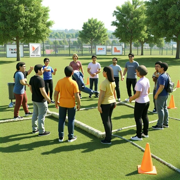 A group of colleagues enjoying a team-building activity outdoors on a sunny day. The setting features a grassy field surrounded by trees. Some participants are engaged in a trust fall exercise, while others are cheering them on. Everyone is dressed in casual, colorful sportswear, showcasing a variety of patterns and styles. There are banners in the background with motivational quotes, and several team equipment items like cones and ropes scattered around. Laughter and excitement are evident on their faces as they interact and participate in the activities.
