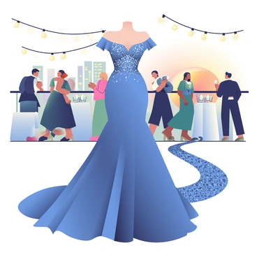 A luxurious evening gown in a deep royal blue shade is displayed prominently, featuring intricate beadwork that catches the light. The gown has an elegant off-the-shoulder design, with delicate ruffles cascading down the bodice. A long train flows behind it, embellished with a trail of sparkling sequins that shimmer as they catch the ambient light. In the background, a rooftop gala scene is set against a city skyline at dusk, with twinkling lights and a softly glowing sunset illuminating the surroundings. Elegant tables adorned with white tablecloths and crystal glassware can be seen, along with guests mingling in formal attire, adding to the atmosphere of sophistication and celebration.