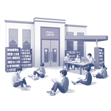 A large public library building with tall windows and a welcoming entrance. Inside, several children are seated on the floor, engrossed in reading books. Nearby, a group of scholars is gathered around a table, studying with open books and laptops in front of them. In one corner of the library, a community event is taking place, with people sitting in a circle, engaged in a discussion or workshop. The scene is lively, filled with interaction and the shared love of knowledge.