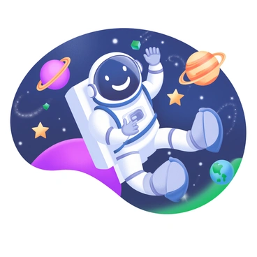 A flat-faced astronaut is floating in space, wearing a sleek white spacesuit with a clear helmet. Their face is displaying a big smile, showcasing a sense of joy and wonder. Surrounding the astronaut are twinkling stars in various sizes, creating a vibrant cosmic backdrop. Several colorful planets are visible in the distance, each with distinct features such as rings, stripes, or craters. The scene is illuminated by the faint glow of distant galaxies, adding depth to the vastness of space.