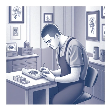 A tattoo artist is focused on his work in a vintage parlor. He is wearing an apron and has several tattoo instruments neatly arranged on a wooden table next to him. The walls of the parlor are adorned with framed tattoo designs and various tattoo supplies. He is carefully inking a classic pin-up design on a client's arm, which features a glamorous figure with retro styling. The artist's expression shows concentration and skill as the needle moves along the skin. There is a cozy atmosphere created by warm lighting and wooden furniture.