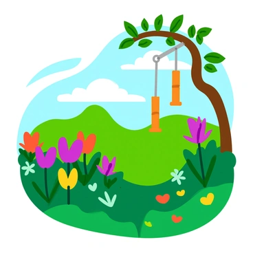 A serene garden filled with colorful flowers and lush green plants. Delicate wind chimes made of bamboo and metal hang from a tree branch. A gentle breeze causes the wind chimes to sway, producing a soothing melody. Sunlight filters through the leaves, casting soft shadows on the ground. The scene is peaceful, inviting a sense of calm and tranquility.