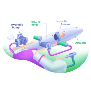 A detailed illustration of the hydraulic system of an airplane. The diagram features various components such as hydraulic pumps, reservoirs, and actuators. Each part is labeled clearly with "Hydraulic Pump," "Hydraulic Reservoir," and "Actuator" in bold letters. Lines connect these components to show the flow of hydraulic fluid throughout the system. The background is a light pastel color to enhance visibility and clarity of the system's layout.