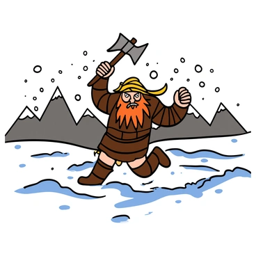 A Viking berserker with long, wild hair and a thick beard is charging through a snowy landscape. He is wearing rugged, fur-lined armor that blends with the wintry surroundings. His expression is fierce and determined, showcasing his battle-ready spirit. In one hand, he wields a large axe, raised high above his head, ready for combat. Snowflakes are swirling around him, and the ground is covered in a thick layer of snow, adding to the dramatic scene. In the background, there are distant mountains partially obscured by mist, emphasizing the cold, harsh environment.