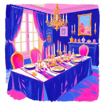 A gothic-themed room features a long dining table draped with a rich, dark tablecloth. On the table, there are elegant pieces of tableware, including ornate silver cutlery, fine china plates, and crystal wine glasses. Multiple lit candles flicker in elaborate candle holders, casting shadows on the walls. The room is adorned with dark decor items, including intricate tapestries and heavy drapes. A large chandelier hangs from the ceiling, adding to the ambiance of the setting.