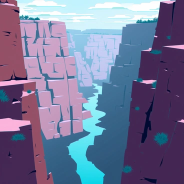 A drone view looking down into a vast canyon filled with rugged rock formations. The canyon walls are steep and jagged, showcasing various shades of brown and gray, with some areas displaying splashes of red and orange. Deep shadows are cast by the towering cliffs, enhancing the dramatic landscape. Below, a meandering river winds through the canyon floor, reflecting the sky above. Sparse vegetation clings to the rocks, adding small touches of green amidst the rocky terrain. The expanse of the canyon stretches far into the distance, demonstrating the sheer scale and majesty of this natural formation.