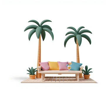 A tropical-themed patio featuring several tall, green palm trees providing shade. In the center, there is a wooden table with a colorful arrangement of bright cushions in vibrant shades of pink, yellow, and turquoise. On the table, there is a clear glass filled with a refreshing drink, garnished with a slice of orange and a small umbrella. The flooring is made of light wood, and there are potted plants surrounding the space, adding to the lush atmosphere.