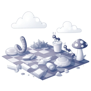 A park picnic area with a scattered assortment of food wrappers, empty containers, and leftover food items on a checkered picnic blanket. Several cartoonish decomposers are actively cleaning the area. A friendly, oversized worm with a smiling face is wriggling through a pile of leaves, collecting scraps. Next to it, a pair of animated ants are working together to carry a large piece of fruit, their tiny bodies straining with effort, but looking determined. Nearby, a cartoonish mushroom is sprouting up from the ground, with wide eyes and a playful expression, as it creates a small cloud of dust while cleaning up tiny crumbs. The sky above is filled with fluffy clouds, adding to the whimsical atmosphere of the scene.