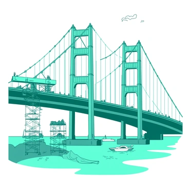 A teal Golden Gate Bridge is depicted in the midst of construction against a white sky. Towering cranes stand on either side, with workers in hard hats actively engaged in lifting large steel beams into place. In the foreground, there are construction scaffolds filled with tools and materials. The bridge's vibrant cables are being strung between the tall towers, while a small boat sails peacefully in the water below, observing the progress of the impressive structure.