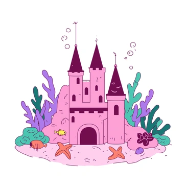 A vibrant underwater scene features a small castle made of pink coral, adorned with intricate details and surrounded by various sea creatures. There are yellow fish swimming gracefully around the castle, and a few orange starfish resting on the sandy ocean floor. Colorful corals in shades of teal and purple flourish nearby, creating a lively environment. Bubbles rise slowly to the surface, adding a sense of movement to the peaceful underwater setting.