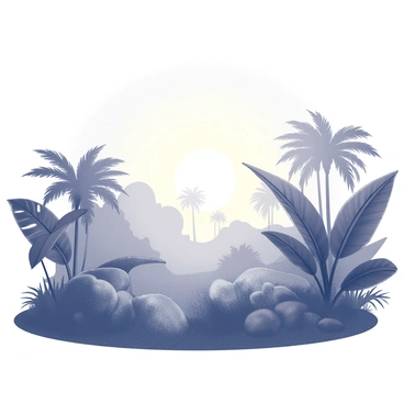A tropical landscape at dawn. The scene captures the early morning light as the sun rises above the horizon, partially obscured by mist. Lush greenery fills the foreground, featuring various tropical plants with large leaves. The mist creates a soft, diffused atmosphere, enveloping the plants and the ground. In the background, silhouettes of palm trees are visible against the lightening sky, adding depth to the scene. The overall composition conveys a sense of tranquility and the awakening of nature in the morning light.