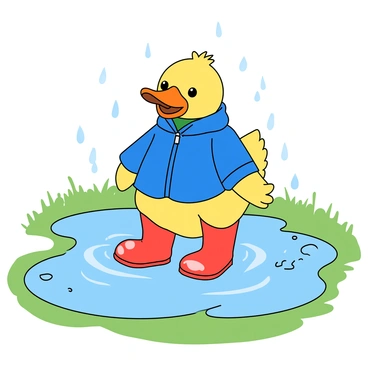 A cheerful duck with bright yellow feathers is wearing a shiny blue raincoat and bright red rubber boots. The duck stands in a large puddle, causing water to splash around energetically. Raindrops are falling from the gray sky, creating ripples in the water. There are several small puddles scattered around, reflecting the duck's playful demeanor. The grass around the puddles is wet and green, adding to the scene of a lively rainy day. The duck has a joyful expression, with its beak slightly open as if quacking happily.