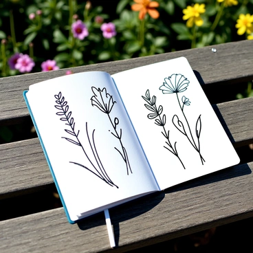 An open sketchbook placed on a weathered wooden garden bench. The pages of the sketchbook are filled with detailed pencil sketches of various flowers, showcasing intricate petal designs and delicate leaf structures. Sunlight casts soft shadows on the bench, highlighting the texture of the wood and the sketches. Surrounding the bench, a lush green garden can be seen, with colorful flowers in bloom, adding a natural backdrop to the scene.