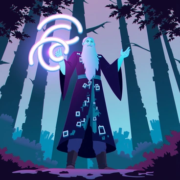 A wizard wearing a dark, tattered cloak with intricate silver patterns is standing in a dense forest. His long, flowing beard is illuminated by the faint glow of a mystical aura. He is raising one hand, with glowing runes swirling around his fingers, as he casts a curse spell. The spell manifests as a bright, swirling energy that radiates with vibrant shades of purple and blue, casting eerie shadows on the surrounding trees. The forest floor is covered in dark moss and scattered leaves, while the distant silhouettes of ancient trees loom in the background.