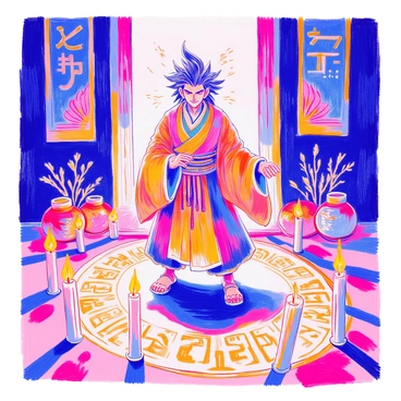 Sukuna is depicted standing with a commanding presence in the center of a traditional ritual space. He has a fierce expression, and his hair is styled in wild spikes. Surrounding him, several flickering candles cast warm light, illuminating intricate shadows on the ground. The floor is adorned with ancient symbols drawn in chalk, creating a mystical atmosphere. In the background, there are ornate decorations with traditional designs, enhancing the ritualistic setting. Sukuna's attire is elaborate, featuring detailed patterns and textures that reflect his powerful demeanor.