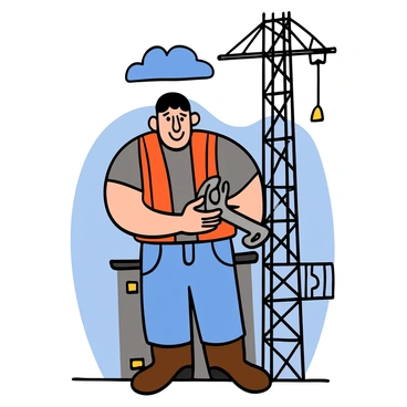 A muscular construction worker with light skin and short black hair is standing on a high-rise building site. He is wearing a bright orange safety vest over a gray t-shirt, blue jeans, and sturdy work boots. The worker is holding a large wrench in one hand and looking confidently at the camera. Behind him, there are steel beams and scaffolding, indicating an active construction area with clear blue skies above.