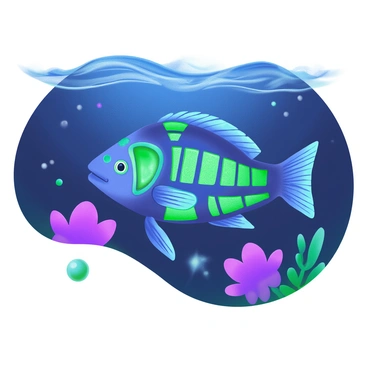 A modern pastel illustration of a "bioluminescent fish" swimming gracefully in a "dark ocean". The fish features vibrant, glowing patterns on its body, highlighting its genetic modifications with bright greens and blues. Surrounding the fish, gentle waves ripple in the water, showcasing the contrast between the luminous colors and the deep, dark hues of the ocean. Soft light radiates from the fish, illuminating small particles in the water, creating a magical underwater scene.