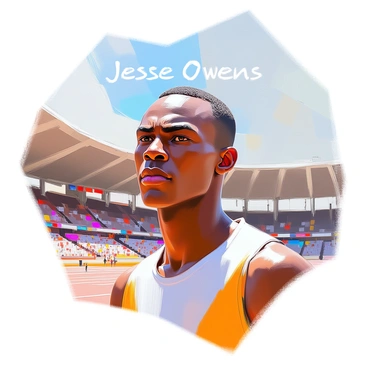 A portrait of Jesse Owens, depicting him with a determined expression on his face and wearing a vintage athletic uniform. His hair is closely cropped, and he has an intense gaze, showcasing his focus and resilience. The background features the Olympic stadium, with grand architecture visible, including the stands filled with cheering spectators. The sunlight casts soft shadows, highlighting the features of Owens and the details of the stadium. "Jesse Owens" is prominently displayed above him in bold lettering.