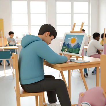 A student, wearing a blue hoodie and black jeans, is seated at a wooden desk, focused on creating digital art on a tablet. The tablet displays a colorful illustration of a landscape with mountains and a sunset. The classroom is filled with easels, sketchbooks, and art supplies scattered around. Bright daylight streams in through large windows, illuminating the student's concentrated expression as they use a stylus to add details to their artwork. Some classmates can be seen in the background, working on their own projects.