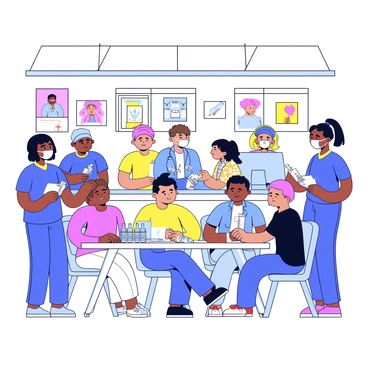 A group of healthcare workers in scrubs and masks are administering vaccines at a bustling community center. The workers are engaged with individuals of various ages waiting in line. In the background, there are colorful posters promoting health and safety. A table is set up with medical supplies, including syringes and vials. People are seated in designated areas, while others are checking in at a reception desk. Bright overhead lights illuminate the scene, highlighting the sense of activity and care.