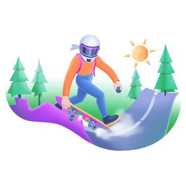 A skateboarder with a stylish helmet and colorful attire is using a hand brake while cruising downhill. The skateboard features vibrant designs with a mix of colors. In the background, there are trees lining the side of a smooth, winding road. The skateboarder's posture shows focus and balance as they maneuver down the slope. A sense of motion is evident with slight dust clouds being kicked up from the wheels of the skateboard. The sun casts warm light, enhancing the energetic atmosphere of the scene.