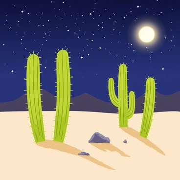 A desert night scene featuring tall green cacti with distinct spines, casting long shadows on the sandy ground. The sky is filled with countless bright white stars twinkling against a deep blue background. A large, glowing moon hangs low in the sky, illuminating the landscape with a soft light. The silhouette of distant mountains outlines the horizon, and a few scattered rocks can be seen in the foreground, creating a sense of depth in the scene.
