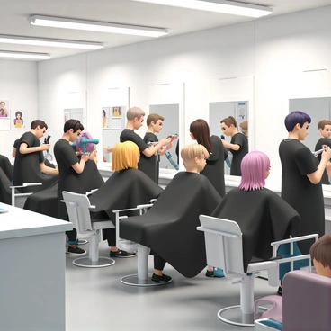 A cosmetology school classroom featuring several students engaged in practice on mannequin heads. The room is filled with modern salon equipment, including styling chairs and mirrors. Each student is focused on their mannequin, using various tools such as combs, scissors, and hair dryers. The students are dressed in black aprons and are working on different hairstyles. Bright overhead lights illuminate the room, highlighting the vibrant colors of the mannequin hair. There are posters on the walls showcasing hair techniques and styles.