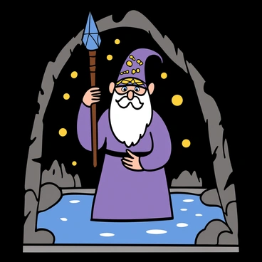 A mystical dwarf mage with a long white beard and bright blue eyes stands confidently in a darkened cave. He is wearing a deep purple robe adorned with intricate golden patterns. In his hands, he holds a staff topped with a glowing crystal. Around him, glowing runes float in the air, casting a soft light that illuminates the cave walls. The cave features rough, jagged rocks and a shimmering pool of water nearby, reflecting the magical light from the runes. The atmosphere is charged with energy as the dwarf focuses intently on his spellcasting.