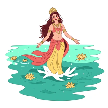 A teal ocean with sparkling waves is shown as "Goddess Lakshmi" emerges gracefully from the water. She is adorned with intricate gold jewelry that glimmers in the sunlight. Her flowing garments are a vibrant blend of colors, accentuating her divine presence as she rises above the waves. Surrounding her are delicate, golden lotus flowers floating on the surface of the water, enhancing the scene's richness and beauty. The sky above is a soft hue, complementing the shimmering ocean.
