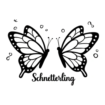 Two identical schmetterlings with intricate wing patterns positioned facing each other in a mirrored formation. Each schmetterling has elongated antennae extending gracefully upwards. The background features delicate, swirling lines that enhance the symmetry of the scene. "Schmetterling" is written in elegant script beneath the butterflies, emphasizing their beauty.