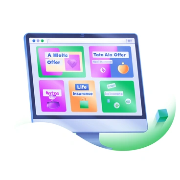 A computer screen displaying a variety of digital ads. Each ad features the words "Tata AIA Offers" prominently in bold letters. The screen is filled with colorful advertisements showcasing different insurance plans and benefits. There are icons representing health, travel, and life insurance, arranged around the text. The background of the screen is sleek and modern, emphasizing the digital nature of the ads.