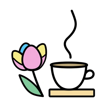 A steaming cup of tea, with an elegant porcelain design, sitting on a wooden table. Beside the cup, a rare tulip with vibrant petals is blooming, showcasing its unique colors and intricate details. The gentle steam rises from the tea, creating a warm and inviting atmosphere.
