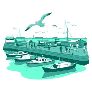 A teal harbor is filled with various boats of different sizes. Some boats are moored at the dock, while others are gently bobbing on the water. Seagulls are flying above the boats, their wings outstretched, and a few are perched on the dock’s edge. The dock is bustling with people; some are unloading cargo from the boats, while others are chatting and enjoying the vibrant atmosphere. The water reflects the colors of the boats, creating a dynamic interplay of hues.