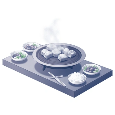 A tabletop grill with various types of meat sizzling on it. The grill has a round shape, with smoke rising gently from the cooking meat. Surrounding the grill are several small dishes featuring traditional Korean side dishes. These dishes include a vibrant arrangement of kimchi, pickled vegetables, and steamed rice. The setting is a wooden table, and the atmosphere suggests a casual dining experience. Several pairs of chopsticks rest beside the dishes, ready for use.