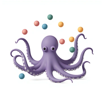 An octopus with vibrant purple skin, showcasing intricate patterns, is juggling a series of colorful balls. Each of its eight tentacles is raised skillfully, balancing multiple objects including red, blue, green, and yellow balls. The octopus is positioned in the center of the image, with a focused expression as it expertly performs the juggling act. The balls are in mid-air, creating a dynamic sense of movement around the octopus. The background is simple, ensuring the emphasis is on the octopus and its impressive juggling skills.