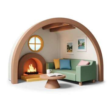 A cozy living room inside a hobbit hole featuring a crackling fireplace with warm flames dancing in the hearth. There is a comfy green sofa adorned with colorful cushions, inviting relaxation. The walls are lined with framed pictures depicting landscapes and cherished memories, adding a personal touch to the space. Natural light filters through round, small windows, illuminating the rustic wooden beams and earthy tones of the room. A small wooden coffee table sits in front of the sofa, topped with a steaming mug and an open book.