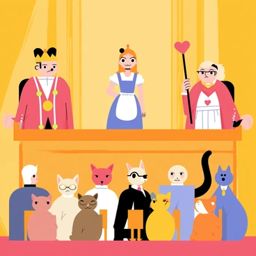 A bustling courtroom filled with wooden benches and a large judge's bench at the front. In the center, there is "Alice" standing confidently with a curious expression. To her left, "the King of Hearts" wearing a regal crown and a red robe, looks sternly at the proceedings. On her right, "the Queen of Hearts" is frowning, with her iconic heart-shaped crown and an elegant red dress, holding a scepter high in the air. In front of the judge's bench sits a jury composed of various animals, including a wise owl with glasses, a crafty fox, a gentle rabbit, and a busy squirrel, all engaged in the trial with focused expressions. The atmosphere is lively, filled with chatter and anticipation for the next testimony.