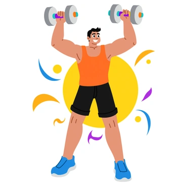 A person with a determined expression is performing a dumbbell shoulder press. The individual is athletic, with defined muscles and is wearing a bright-colored tank top and black shorts. They are standing with their feet shoulder-width apart, lifting two large dumbbells above their head. The dumbbells are silver with vibrant, multicolored grips. The background features dynamic swirls and splashes of color, creating a sense of motion and energy.