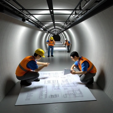Three engineers inside a subway tunnel, examining large blueprints spread out on a concrete floor. One engineer, with short black hair and wearing a yellow safety helmet, is pointing at a section of the plans. Another engineer, in a blue shirt and orange safety vest, kneels to take notes on a clipboard. The third engineer, with glasses and a white hard hat, stands behind them, holding a flashlight to illuminate the area. The tunnel walls are lined with concrete and metal supports, with pipes and wires visible overhead, creating an industrial atmosphere.