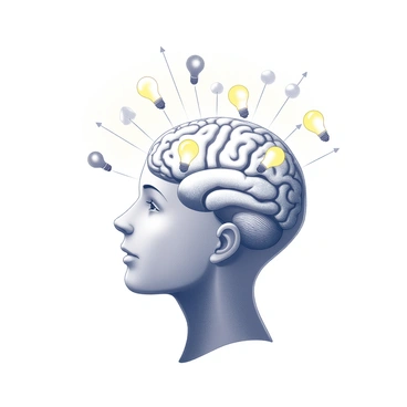 A colorful explosion of ideas and lightbulbs emanating from the prefrontal cortex